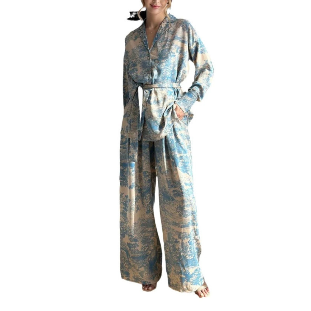 In Stock Womens French Print Longsleeve Tie Blouse High Waist Wide Leg Pants Set